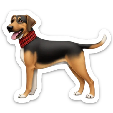 adult 75% Coonhound 25% German Shepherd mix dog with visible tail wearing small pointed red buffalo plaid bandana full body walking left sticker