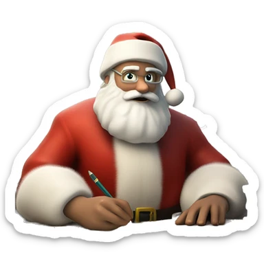 White Father Christmas with real hands is sitting on a desk, writing something down on a sheet of paper, solving complicated math puzzles, you can see the math tasks/ exercises sticker