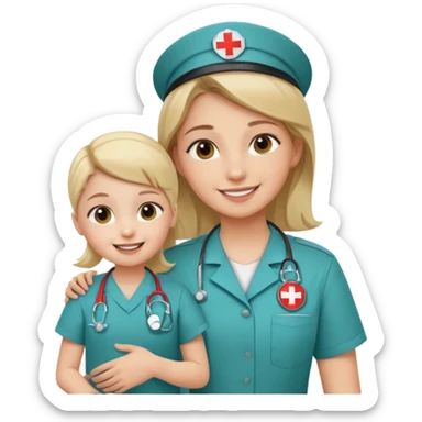 A young medic (woman) attending to a child at the local hospital sticker