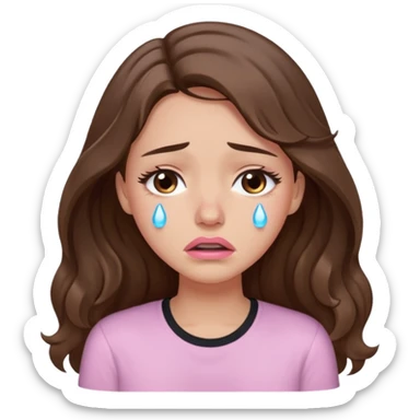 girl with wavy long brown hair, brown eyes, light to medium complexion, long lashes, light pink lipstick, wearing light pink shirt, crying big big tears sticker