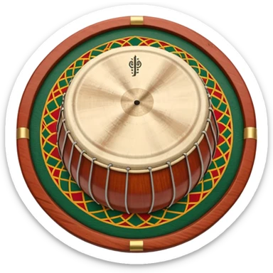 A traditional Pashto tabla (dobrai) placed on a woven mat, with cultural Pashtun patterns in the background. The tabla is wooden with leather drumheads, and vibrant traditional colors like red, green, and gold. Ethnic, folk music theme. sticker