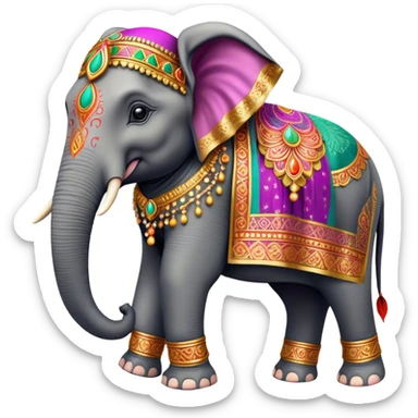 Decorated Indian elephant – Cinematic Realistic Decorated Indian Elephant, depicted as a majestic elephant adorned with vibrant, ornate ceremonial decorations and rich, colorful fabrics, set against a festive Indian backdrop with warm golden lighting that highlights its cultural significance. sticker