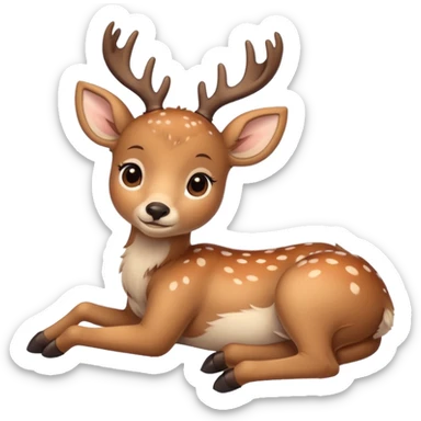Cute beige deer lying down, legs folded, soft fur with lighter spots, big eyes, gentle smile, short antlers, simple cartoon style. sticker