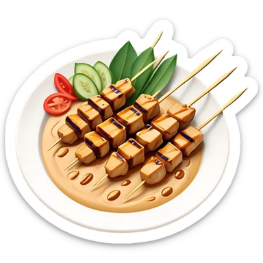 Cinematic Realistic Indonesian Chicken Satay Dish Emoji, depicted as succulent, marinated chicken skewers grilled to perfection with a subtle char, drizzled generously with a rich, creamy peanut sauce that glistens under warm, natural lighting. The vibrant textures of the tender meat and smooth, spicy sauce evoke the authentic flavors of Indonesian street food, rendered with lifelike detail and dynamic, appetizing lighting. sticker