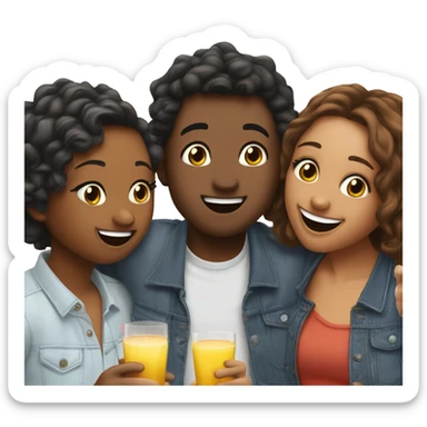 “Three friends at a party: one making a kissy face, one giving a playful cheek kiss, and one smiling widely. Show a fun, happy vibe of friendship with unique expressions.” sticker