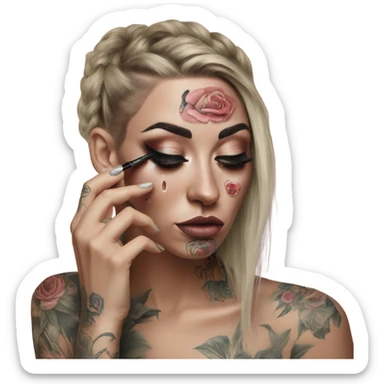 Hyper Realistic Beautiful tattooed woman applying her makeup while crying  sticker