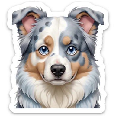 Cinematic Meme-Worthy Grumpy Blue Merle and White Australian Shepherd Portrait Emoji, Head held high but eyes filled with dramatic disappointment, smooth blue merle fur with stark white patches, deeply furrowed brow forming an unmistakable scowl, floppy ears slightly angled back in disapproval, piercing blue eyes glaring with pure exasperation, Simplified yet hilariously over-exaggerated features, highly detailed, glowing with an aura of supreme annoyance, high shine, exhausted yet judgmental, stylized with an almost regal pettiness, bright but brooding, soft glowing outline, capturing the essence of a pup that has seen it all and is thoroughly unimpressed, so meme-worthy it feels like it could instantly become the next viral sensation of grumpiness! sticker