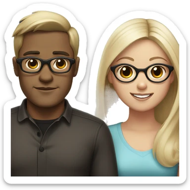 A dark brown haired man with glasses, a girl with very light brown-almost blond hair and a black pug sticker