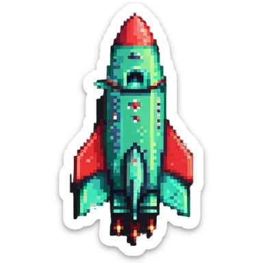 diagonal rocket flying to upper right, green body transitioning to red at the fins, pixel art style sticker