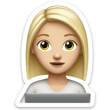 white girl with blonde straight medium length hair and green eyes, and apple laptop in front of her sticker