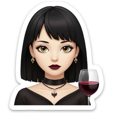 mulher cabelos pretos longos e lisos com uma franja curta acima dos olhos, olhos pretos com delineado, expressão séria, com um sorriso sensual e lábios cor de vinho, ela usa uma gargantilha preta com um pequeno pingente de morcego preto sticker