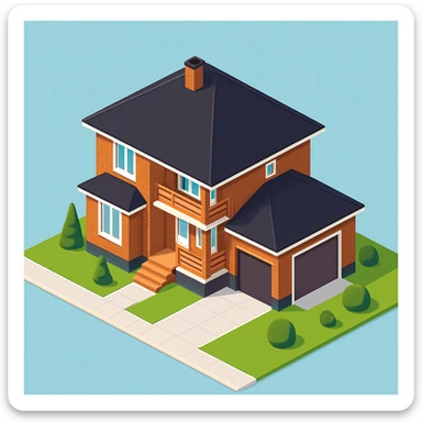 isometric illustration of the building. 3D isometric infographic design. Clean lines, bright and saturated colors, minimal unnecessary details. View from above at an angle (isometric), showing the roof, facade, and part of the surrounding area. Soft shadows, daylight lighting, no harsh contrasts. Background should be solid (blue, gray, or light tone). Add a small area around the building (roads, tiles, grass) so the building looks complete. Accurately represent the architectural features of the building (roof shape, facade, colors). Final style should be neat and polished, similar to posters or educational infographics. sticker