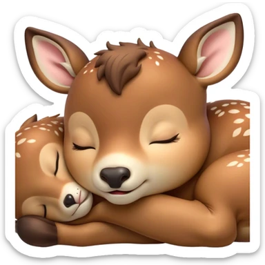 Meme-Worthy Cute Sleeping Deer Portrait Emoji, Head resting peacefully with a contented smile, showcasing a delicate, slender build and a luxuriously soft Fur, eyes shut in a serene, restful nap, Simplified yet hilariously adorable features, highly detailed, glowing with a soft, drowsy light, high shine, relaxed and utterly lovable, stylized with an air of playful laziness, bright and heartwarming, soft glowing outline, capturing the essence of a comically sleepy deer, so meme-worthy it feels like it could instantly become the next viral sensation of adorable woodland slumber! sticker