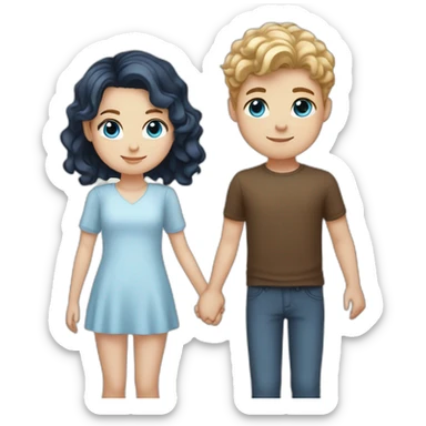 Girl with blonde wavy hair and blue eyes holding hands with brunette short haired boy with white skin and brown eyes sticker