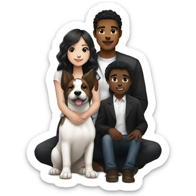 girl with white skin and black hair sitting next to a man with white skin and black hair, a black and white puppy sitting next to them and also a brown puppy sitting next to them sticker