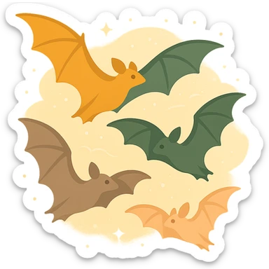 A group of flying bats in mid-air, illustrated in a stylized, artistic way using a warm, earthy color palette: golden orange (FA9B41), deep forest green (4A7C5C), muted taupe brown (96775A), and soft pastel peach (FFCC9A). The bats have sleek wings with subtle color gradients, and their bodies are small and streamlined, featuring elegant silhouettes. The sky around them has a magical, twilight glow with faint sparkles or mist, enhancing the enchanted atmosphere. The overall style is whimsical and soft, with a balance between natural and fantastical elements. sticker