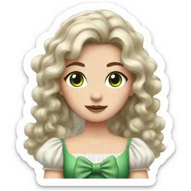 A woman with fair skin and green and eyes, brown long wavy hair, dressed in a dress with fluffy sleeves, holding a bow for shooting sticker