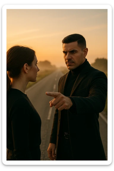 Cinematic photo of a confident man giving clear direction to a woman, standing in front of her with a firm but calm expression, pointing forward as if showing her the path to follow. The man is dressed in a dark jacket, embodying the role of a commander, while the woman looks at him attentively, ready to follow. The setting is an open road at sunrise with soft golden light, symbolizing new beginnings and leadership. Shot from a side angle, capturing both profiles with a clear view of his guiding gesture. sticker