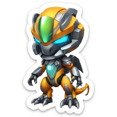 Colorful Edgy Chibi Greymon-Velociraptor-Genesect-Fakémon-Pokémon wearing a with a futuristic visor-helmet And Mecha-suit Full Body sticker