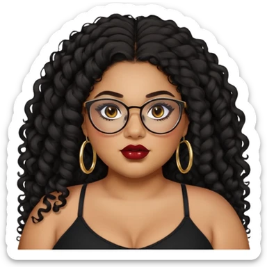 teen big plus size, latina, darker tan skin, gold hoops, long black curly hair, baddie,pretty, makeup, dark red lipgloss, black eyeliner, long hair, black top, black glasses sticker
