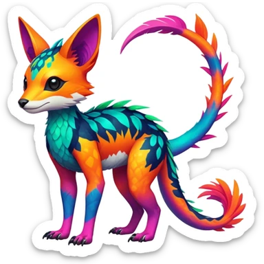 Rare realistic exotic edgy epic cute neon colorful tropical lush vibrant pretty beautiful handsome gorgeous aesthetic colorful vibrant Vernid-Trico-species-Fakemon-creature by LiLaiRa, 4 legs, 1 tail, random markings, (full body) sticker