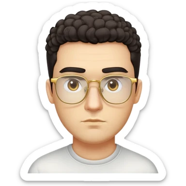 Man with square face, thick straight eyebrows, very short curly dark hair with fade on sides, light facial scruff, serious neutral expression, wearing large square golden glasses sticker