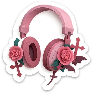 pink gothic headphones with layered paper roses and gothic motifs sticker
