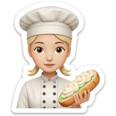 Young female baker - white chef hat, holding cream piping bag to milk oil on bread sticker