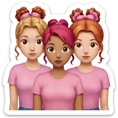 Three sisters one of them have red hair with buns. One of them have dirty blonde hair with ponytail. One of them have white curls with brown hair and they are all wearing pink shirts sticker