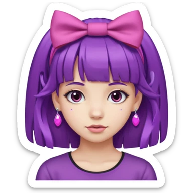 girl with bangs and purple hair and pink hairbow on the side of head and earrings sticker