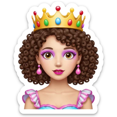 brunette curly haired queen of the candyland, with candy makeup candy crown and just face sticker