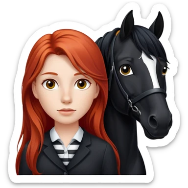 A red-haired girl with long hair with a black horse who has a white stripe on her face and a black mane sticker