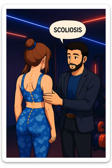 ispirati a questo stile di disegno e fai questa immagine in versione manga/webtoon a colori, il manga mostra la donna di spalle, mentre l'uomo le tocca la spina dorsale per spiegarle come funziona la scoliosi:
Con una scoliosi il baricentro corporeo cade maggiormente da un lato; per non cadere la schiena compensa accumulando tensione sul fianco opposto.
Il risultato? Si inclina e ruota sempre più, fino a che non cede (discopatie, artrosi, ecc) sticker