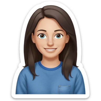 A 38 year old white woman with long dark brown hair parted in the middle. She has a nose ring. She has freckles and is wearing a sweatshirt and jeans smiling sticker