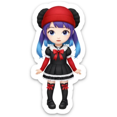 Chibi kawaii, violet eyes, black-blue twin tails, red ribbons, red beanie, black & white lolita dress with red accents, white thigh-highs, black mary janes, cute aesthetic. sticker