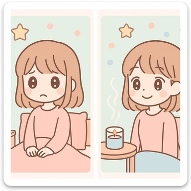 a girl in a bedroom, looking sad, then smelling a scent like from a candle or diffuser, her mood changing to relaxed, anime style sticker