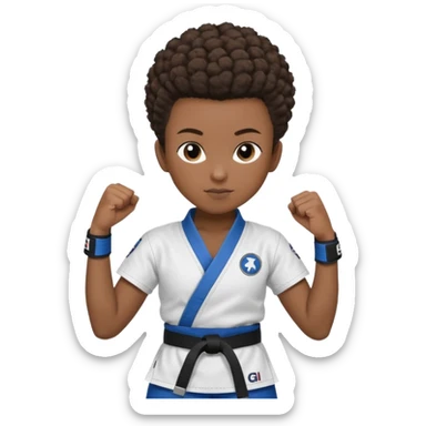 black karate instructor with pony tail afro hair and shaved bald sides haircut, Make the hair brown and the belt blue. Add the roger Gracie academy logo on the go also and the p logo of progress jiu jitsu on the right arm at the top sticker
