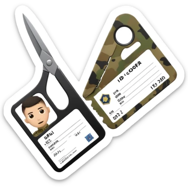 Floating black Scissors cutting in half an idf soldier ID card in 2 parts .hyper realistic sticker