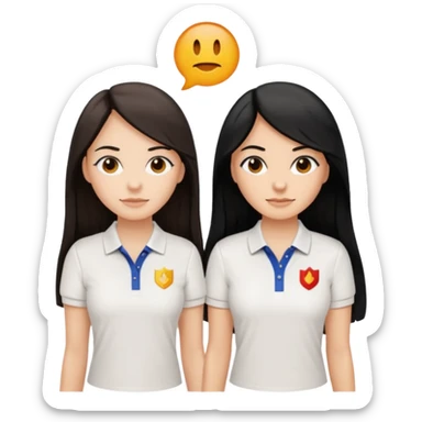 Dos mujeres juntas que una sea de color trigueña y de color blanca, cabello largo negro sea la de piel blanca y la de piel trigueña cabello castaño raya en medio, tengan polo blanco sticker