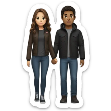 girl with a black top and jeans ,brown hair holding hands with a guy who is wearing a North face jacket  sticker