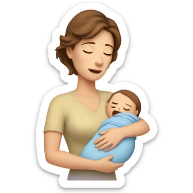  tired caucasian mother with brown hair, ,  holding one newborn baby sticker