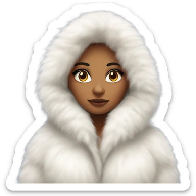 Tanned Girl with lashes ,  in an extremely big fluffy oversized white fur coat with hood on. The fur is real and it’s very obvious big and fluffy like in Pinterest  sticker
