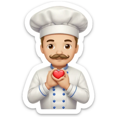 Mustachioed chef dramatically kissing his pinched together hand with heart sticker
