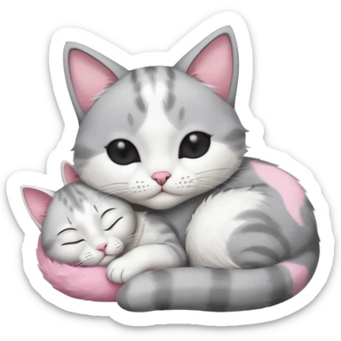 1 grey and white small cat with his eyes closed lying down leaning on his elbow with his paw curled under his head holding it up sticker