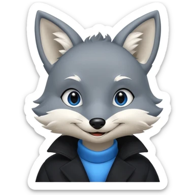 Grey anthropomorphic furry fox with a black coat, blue eyes, and a small fringe of black hair in head, smiling sticker
