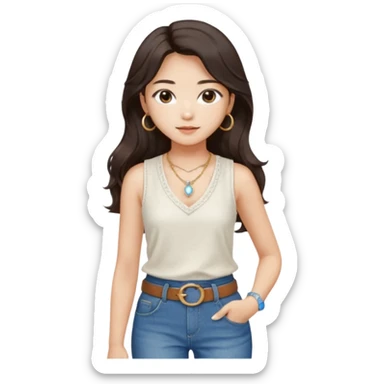 Stylish South Korean girl with long wavy dark hair, wearing a white textured sleeveless top, blue jeans, and a brown belt — soft lighting, cozy indoor vibe, a small, moonstone pendant necklace with a dainty gold chain adds a delicate touch sticker