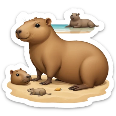 a capybara with a seal laying on a peaceful beach with other capybaras close by sticker