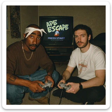 Create a grungy analog photo in 1999 style featuring a famous rapper (in the style of Tupac but not recognizable) and the boy from the reference photo sitting on the floor of a dimly lit bedroom. They are in front of a 90s CRT TV showing Ape Escape on Playstation 1. Both hold Playstation 1 controllers and look towards the camera with a flash photo being taken. The atmosphere is analog, grunge, unmodified, with the game visible on the screen in the background. sticker