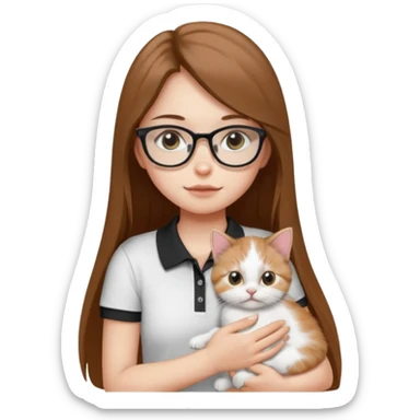 a girl with long brown straight hair, in a white a black polo t-shirt, with eyeglasses hugs a persian kitten 3 months old had a half spot black on her face and white one cat. emoji | AI Emoji Generator sticker