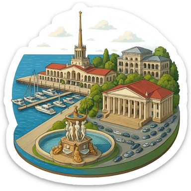 Изометричная, яркая, детализированная и фотореалистичная иллюстрация панорамы города Cочи на круглой подставке в стиле 3D-коллажей городов, здание Морского Порта, Зимний театр, Санаторий имени С. Орджоникидзе, море, причал, яхты чёткие линии, слегка мультяшная стилистика, прозрачный фон, не обрезать края картинки sticker